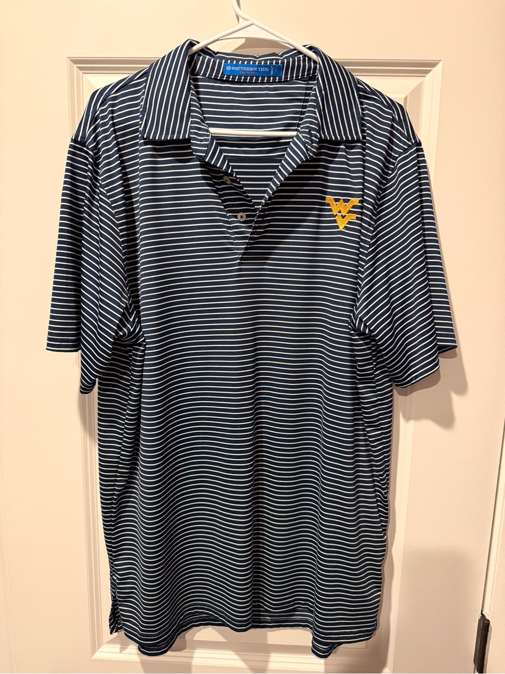 WVU Southern Tide Navy and White Striped Polo